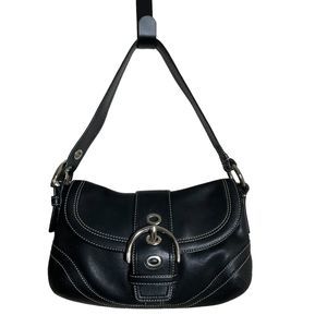 COACH Soho Hobo Black w White Stitches Leather Flap Buckle Handbag F10909 Y2K